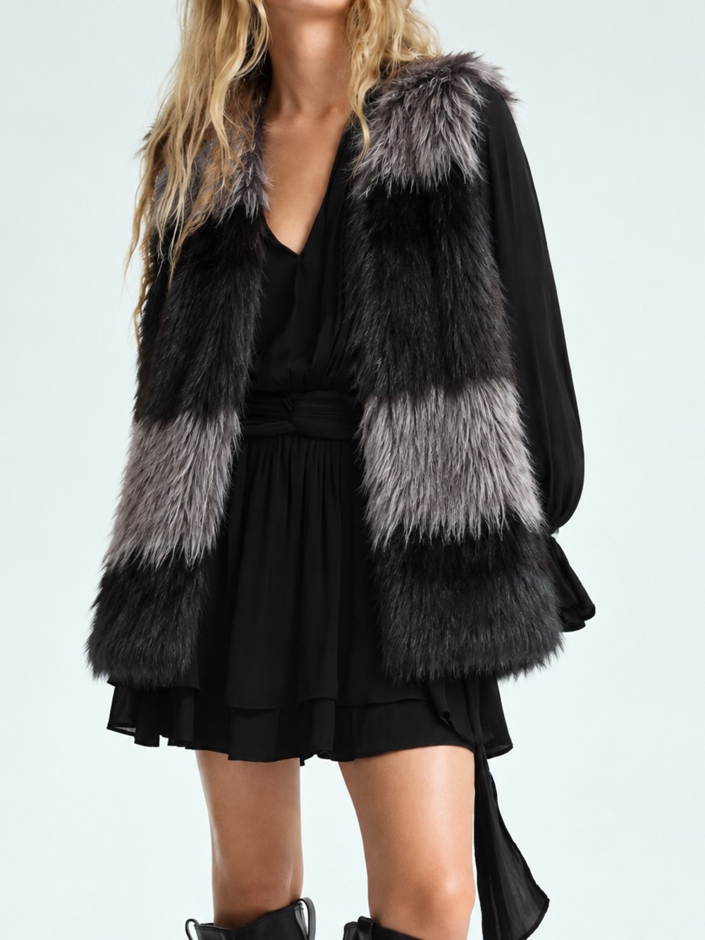 H&M Black and Gray Striped Faux Fur Vest with Knit Back